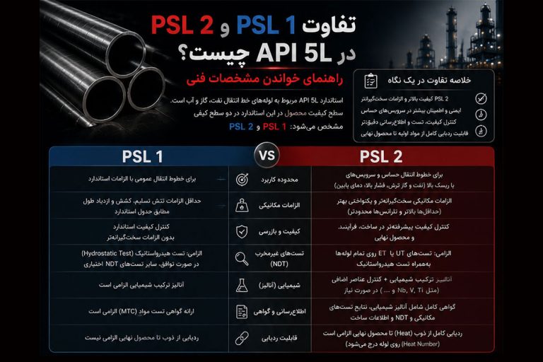 تفاوت‌های PSL 1 و PSL 2 را با بخش‌های مقایسه، نمونه خواندن مشخصات فنی و راهنمای انتخاب در یک صفحه جمع‌بندی کرده