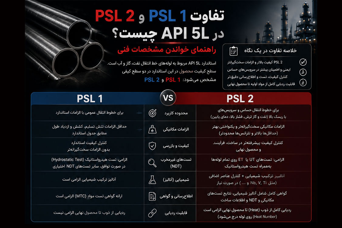تفاوتهای PSL 1 و PSL 2 را با بخشهای مقایسه، نمونه خواندن مشخصات فنی و راهنمای انتخاب در یک صفحه جمعبندی کرده